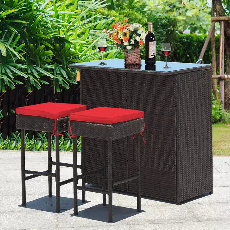 Costway Ensemble de 3 Meubles de Bar et Chaises de Jardin en Rotin et Osier pour Terrasse avec Coussins Rouges