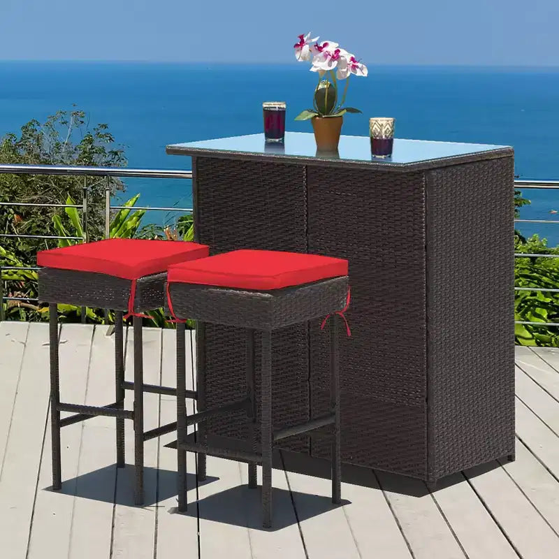 Costway Ensemble de 3 Meubles de Bar et Chaises de Jardin en Rotin et Osier pour Terrasse avec Coussins Rouges