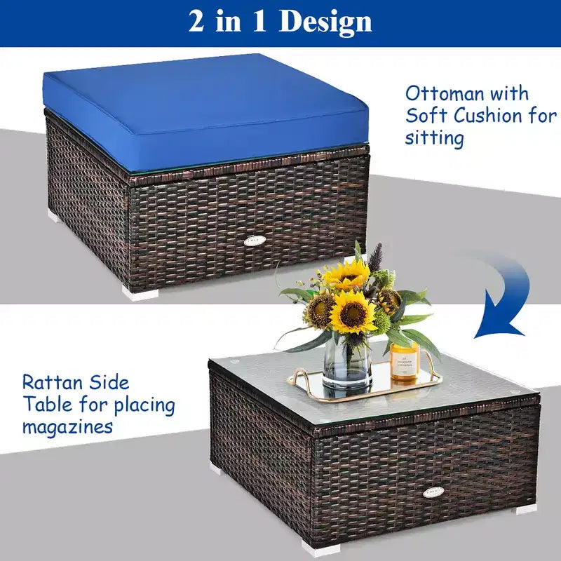 Costway Ensemble de Meubles de Jardin en Rotin 6 Pièces Canapé Table Basse Pouf Bleu Marine
