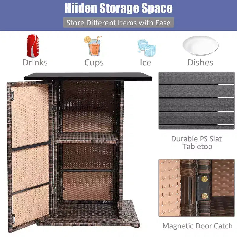 Costway Ensemble de 5 Tabourets de Bar en Rotin avec Table de Patio, Étagère de Rangement Dissimulée et Coussins