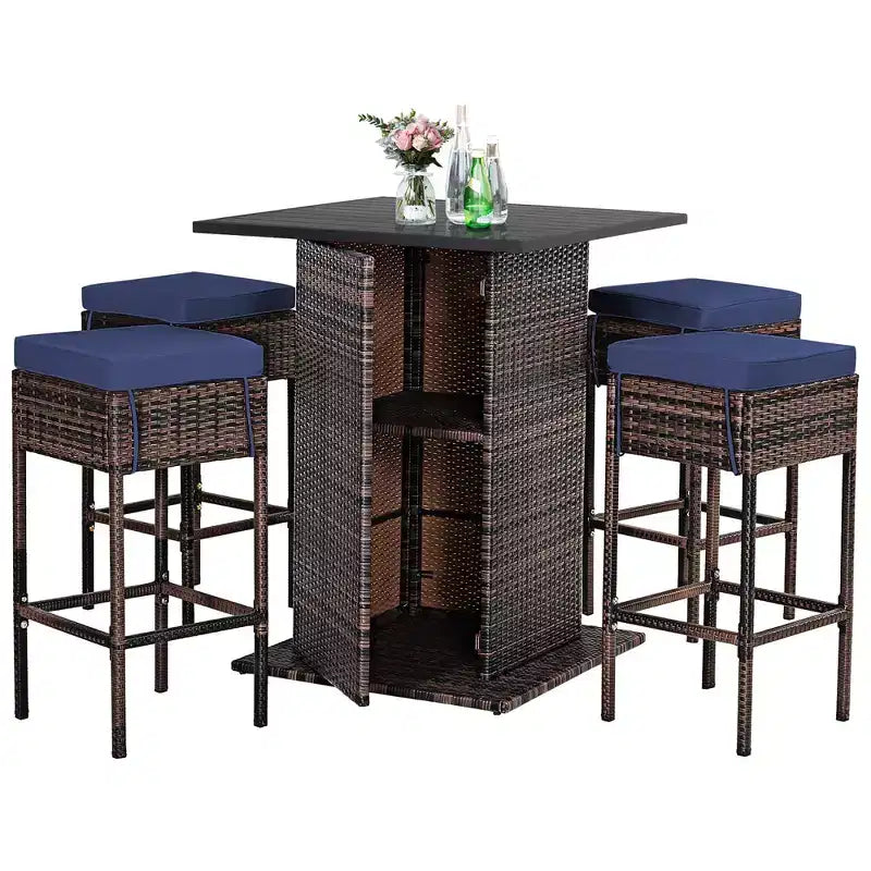 Costway Ensemble de 5 Tabourets de Bar en Rotin avec Table de Patio, Étagère de Rangement Dissimulée et Coussins