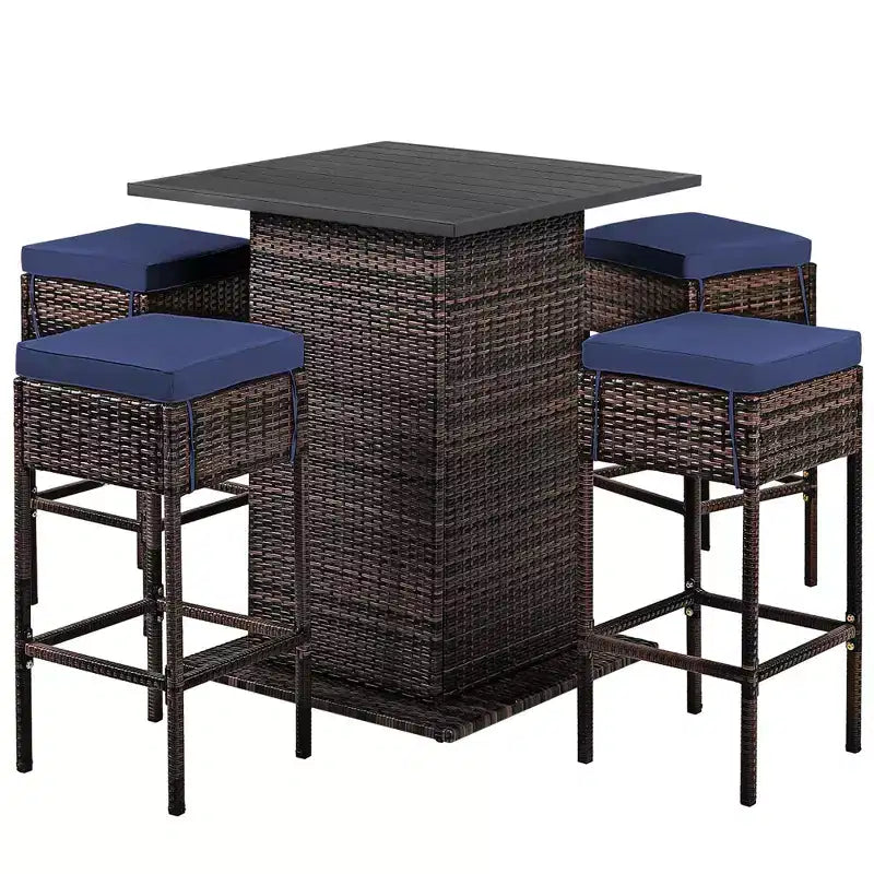 Costway Ensemble de 5 Tabourets de Bar en Rotin avec Table de Patio, Étagère de Rangement Dissimulée et Coussins