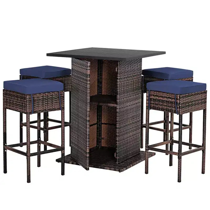 Costway Ensemble de 5 Tabourets de Bar en Rotin avec Table de Patio, Étagère de Rangement Dissimulée et Coussins