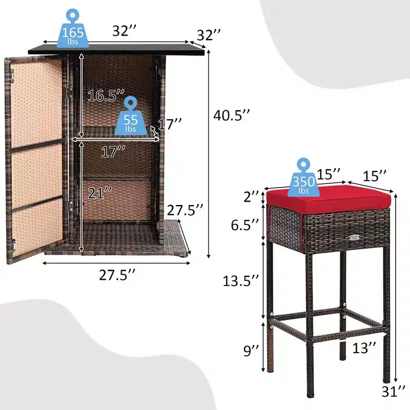 Costway Ensemble de 5 Tabourets de Bar en Rotin avec Table de Patio, Étagère de Rangement Dissimulée et Coussins