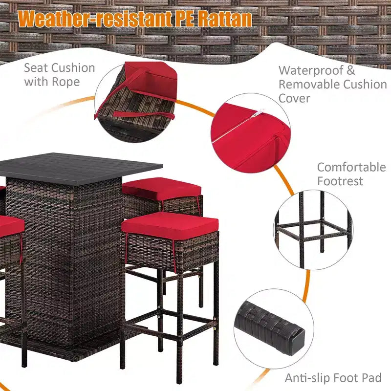 Costway Ensemble de 5 Tabourets de Bar en Rotin avec Table de Patio, Étagère de Rangement Dissimulée et Coussins