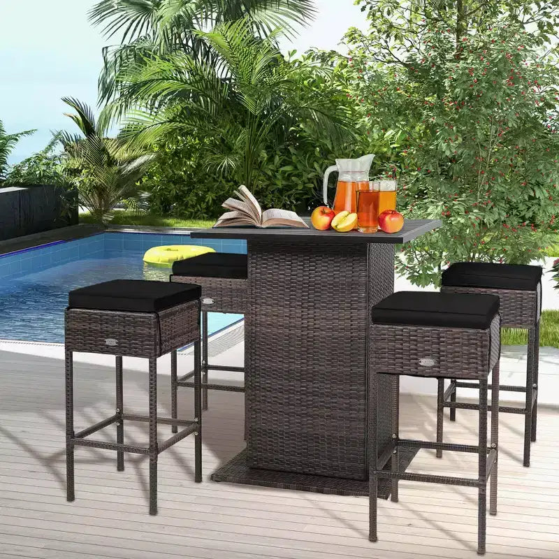 Costway Ensemble de 5 Tabourets de Bar en Rotin avec Table de Patio, Étagère de Rangement Dissimulée et Coussins