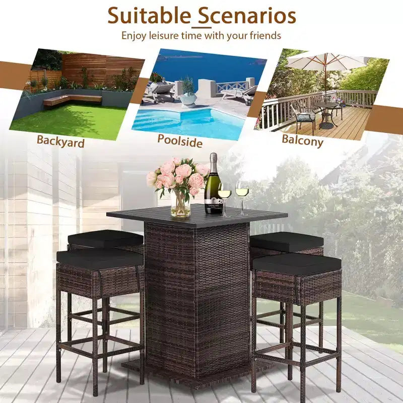 Costway Ensemble de 5 Tabourets de Bar en Rotin avec Table de Patio, Étagère de Rangement Dissimulée et Coussins