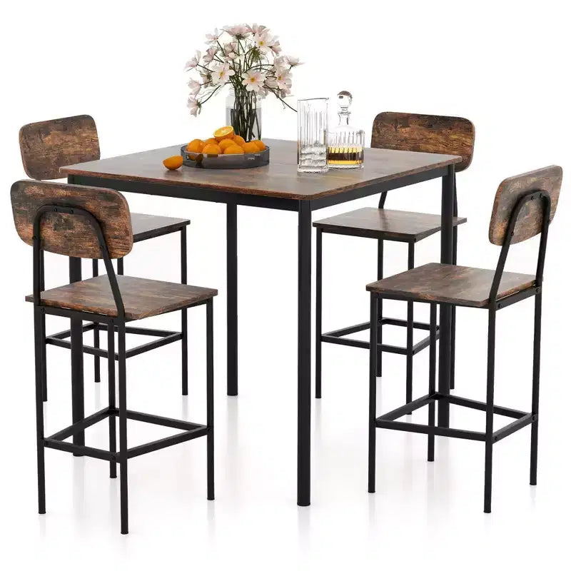 Costway 5-Piece Industrial Dining Table Set with Counter Height Table & 4 Bar Stools Black/Grey/Walnut