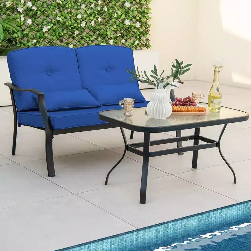 Costway Ensemble de Meubles de Patio 2 Pièces Canapé de Jardin Table Basse Sièges Coussins Bleu Marine/Gris