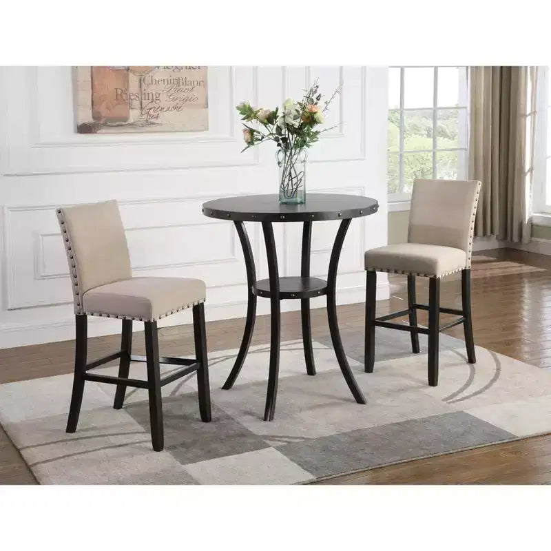 Biony 3-Piece 36 Round Espresso Finish Bar Table with 2 Tan Fabric Nail Head Pub Chairs