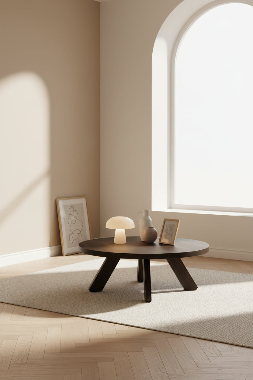 Table Basse Traditionnelle en Chêne Massif avec Plateau Rond et Pied Sculptural Ajoure pour Salon