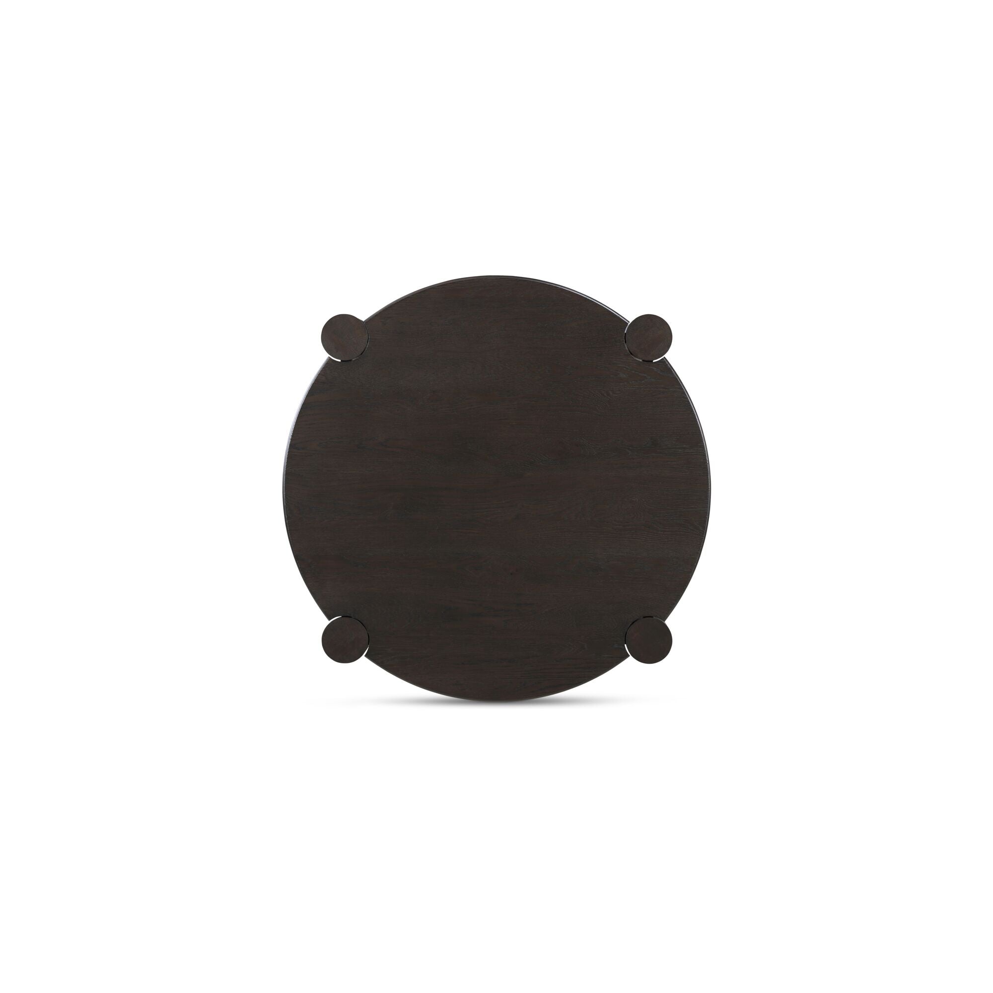 Table basse organique moderne en chêne massif avec plateau rond à bord arrondi et pieds colonne pour salon