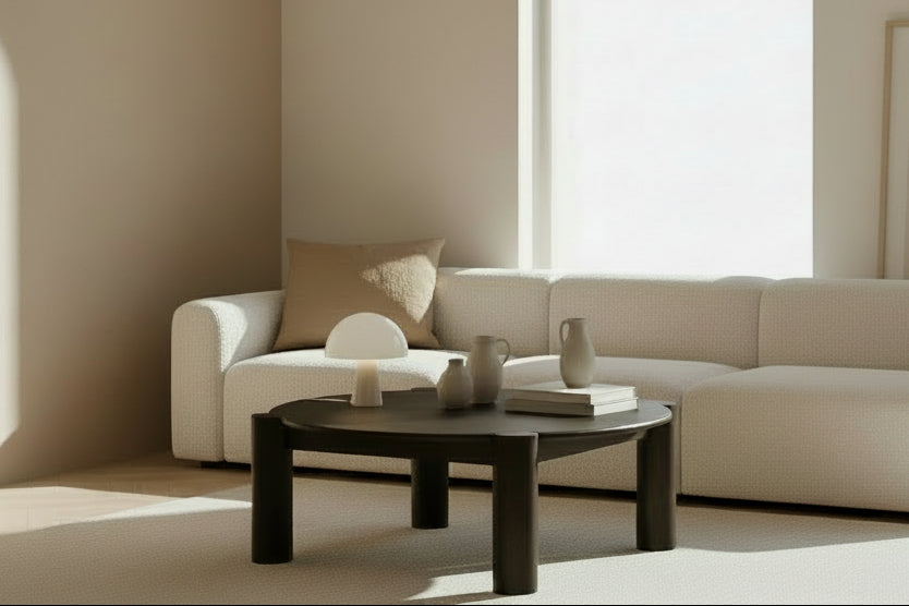 Table basse organique moderne en chêne massif avec plateau rond à bord arrondi et pieds colonne pour salon