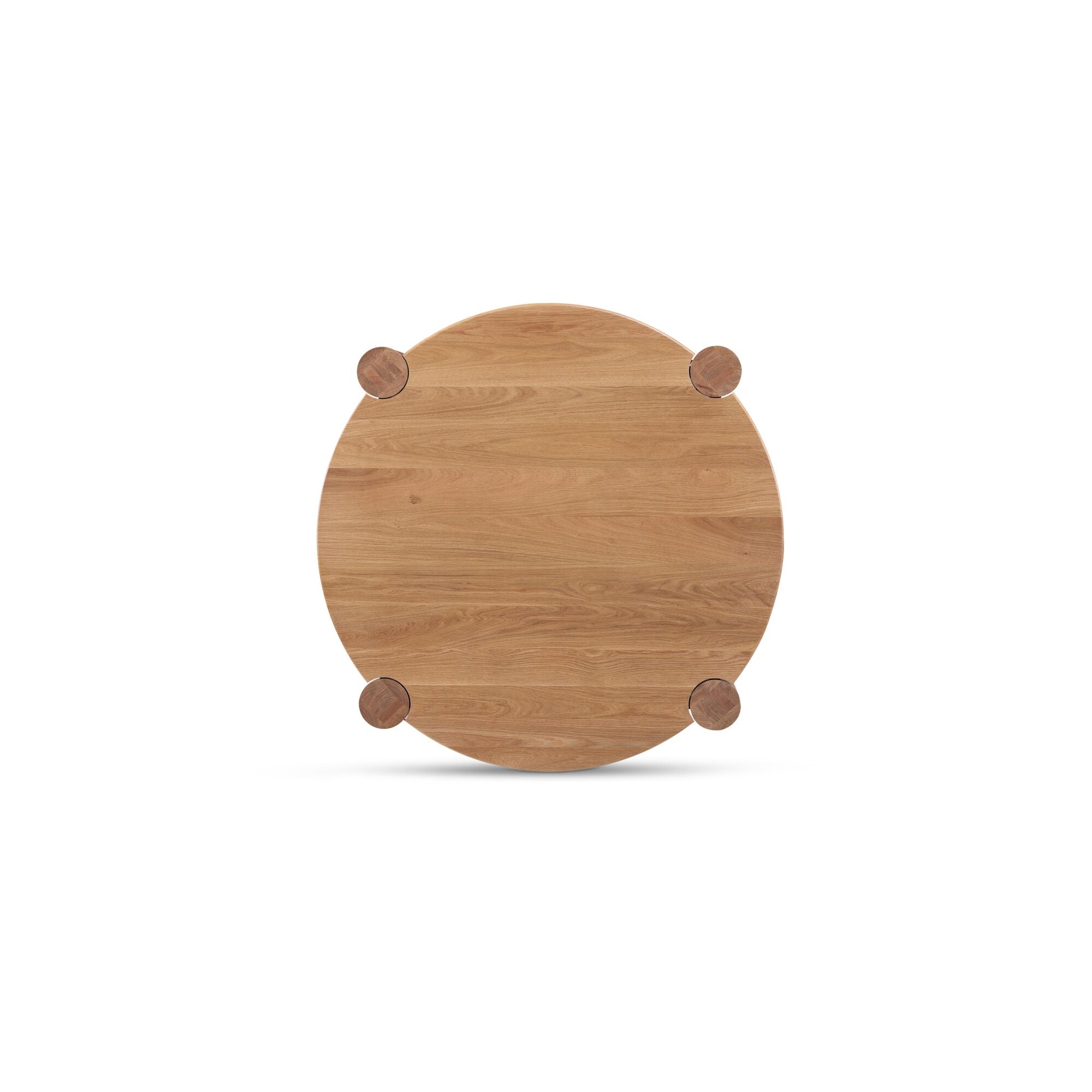 Table basse organique moderne en chêne massif avec plateau rond à bord arrondi et pieds colonne pour salon