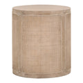 Table d'appoint rustique en rotin et bois de chêne avec plateau rond et finition vieillie gris fumé pour salon