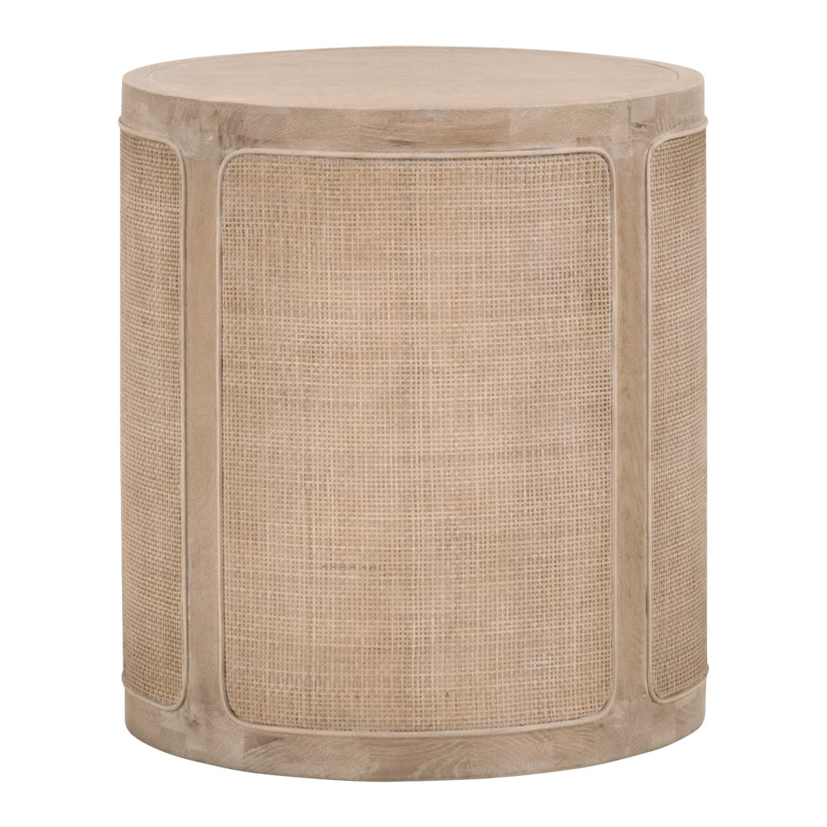 Table d'appoint rustique en rotin et bois de chêne avec plateau rond et finition vieillie gris fumé pour salon