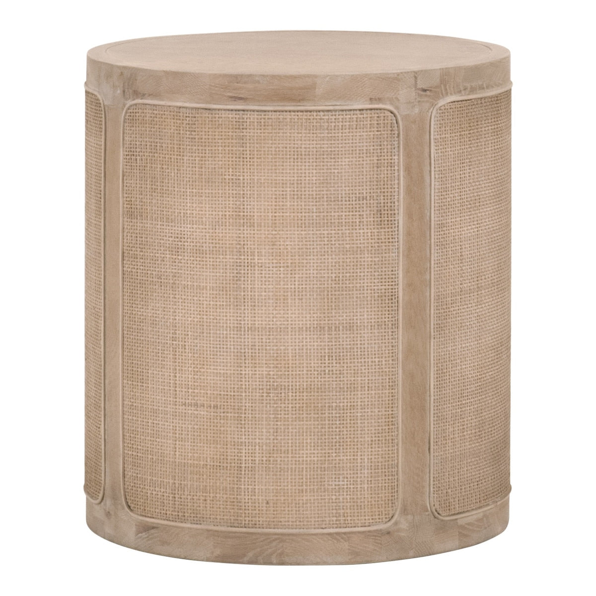 Table d'appoint rustique en rotin et bois de chêne avec plateau rond et finition vieillie gris fumé pour salon
