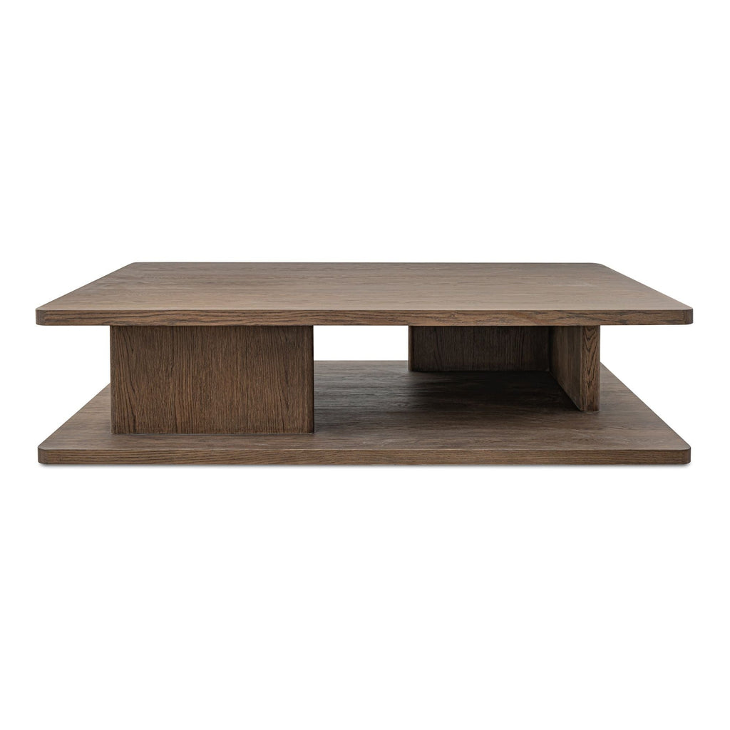 Table basse moderne en chêne massif avec plateau rond à rainure en V et piètement entretoisé en croisillon pour salon