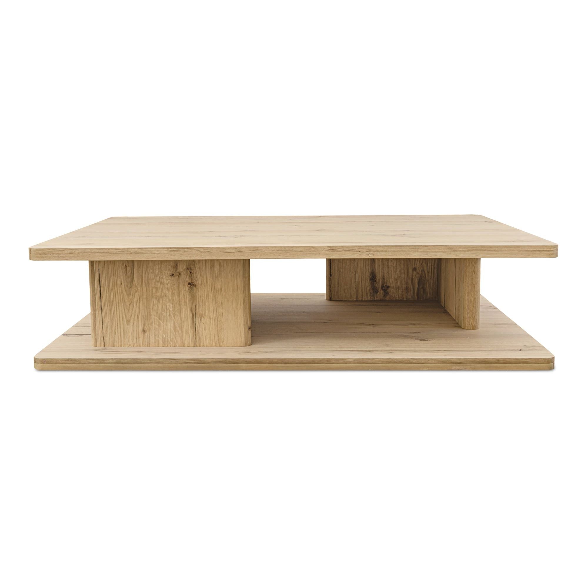 Table basse moderne en chêne massif avec plateau rond à rainure en V et piètement entretoisé en croisillon pour salon