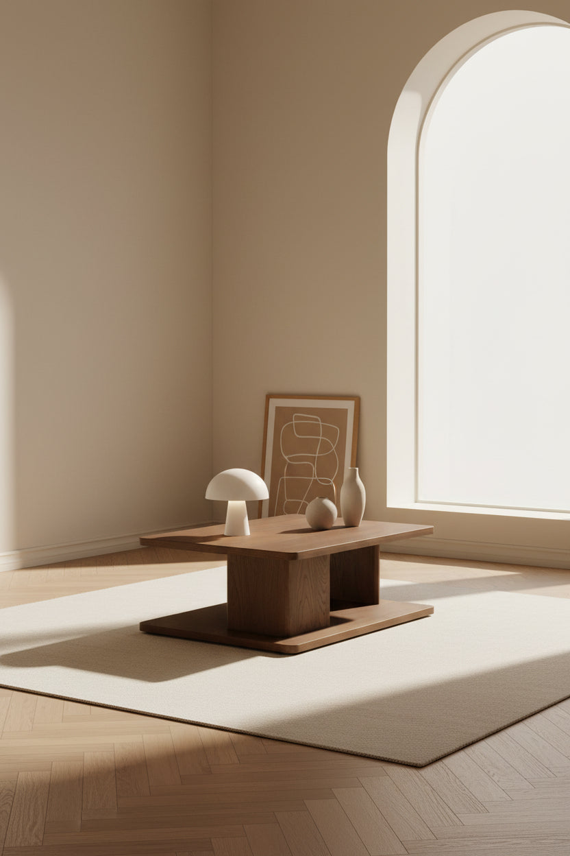 Table basse moderne en chêne massif avec plateau rond à rainure en V et piètement entretoisé en croisillon pour salon