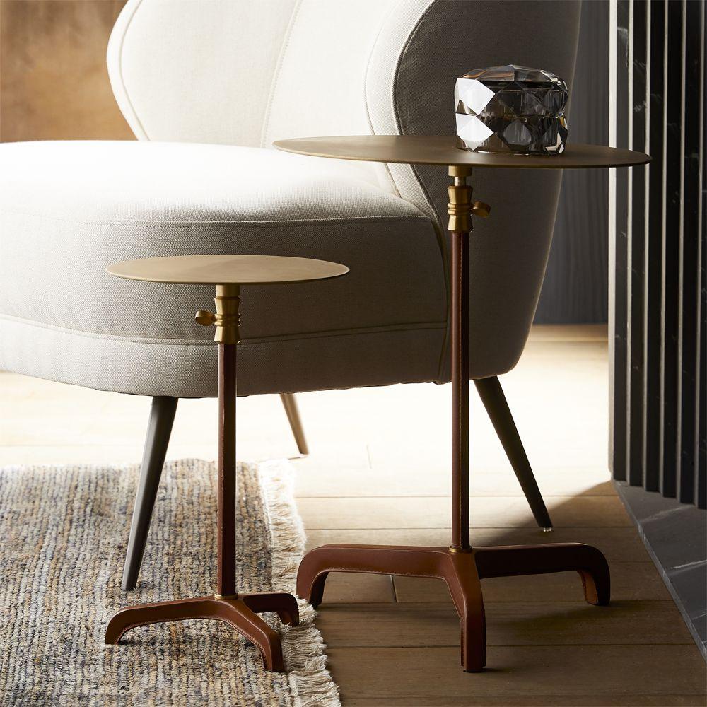 Table d'appoint de luxe en cuir et laiton avec plateau rond et surpiqûres apparentes pour salon