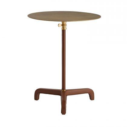 Table d'appoint de luxe en cuir et laiton avec plateau rond et surpiqûres apparentes pour salon