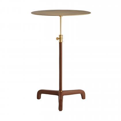 Table d'appoint de luxe en cuir et laiton avec plateau rond et surpiqûres apparentes pour salon