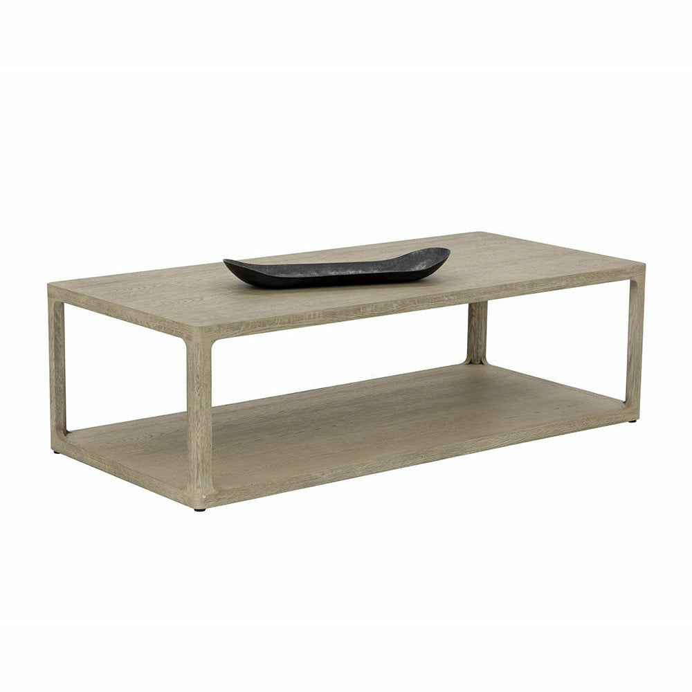 Table basse contemporaine en placage de chêne gris fumé avec étagère inférieure et cadre aux lignes épurées pour salon