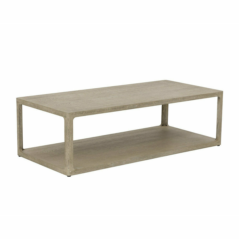 Table basse contemporaine en placage de chêne gris fumé avec étagère inférieure et cadre aux lignes épurées pour salon