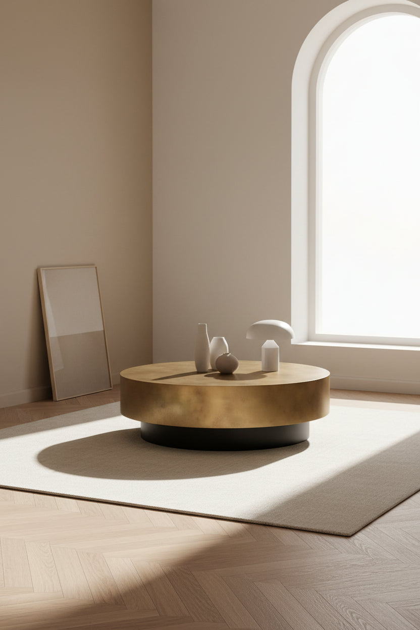 Table basse contemporaine en métal avec plateau rond en laiton antique peint à la main et base noire pour salon