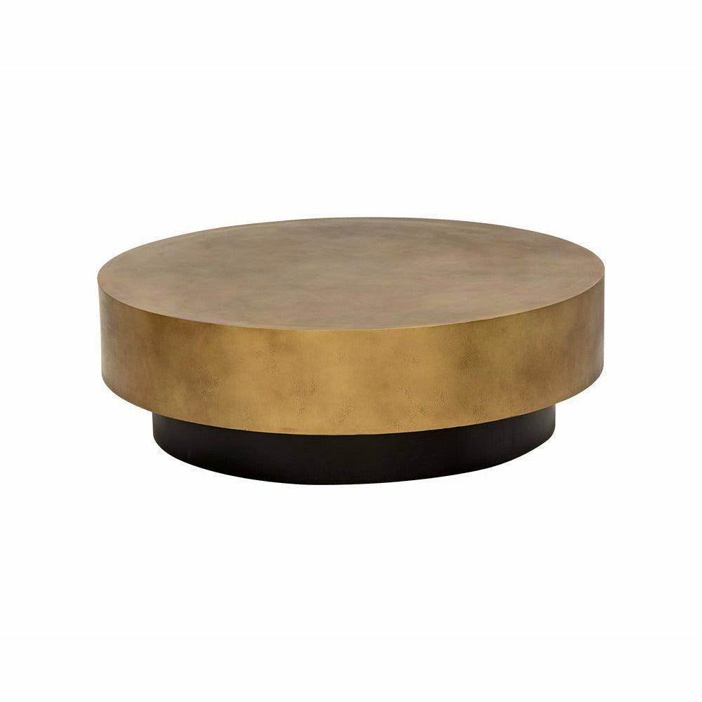 Table basse contemporaine en métal avec plateau rond en laiton antique peint à la main et base noire pour salon
