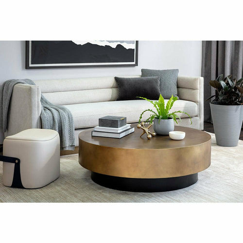 Table basse contemporaine en métal avec plateau rond en laiton antique peint à la main et base noire pour salon