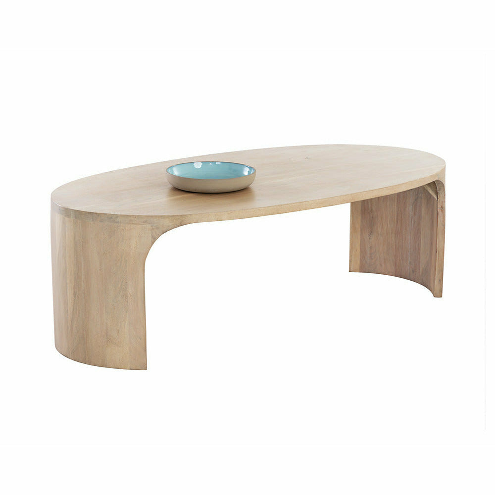 Table basse ovale en bois d'acacia massif de style moderne du milieu du siècle avec pieds courbés pour salon