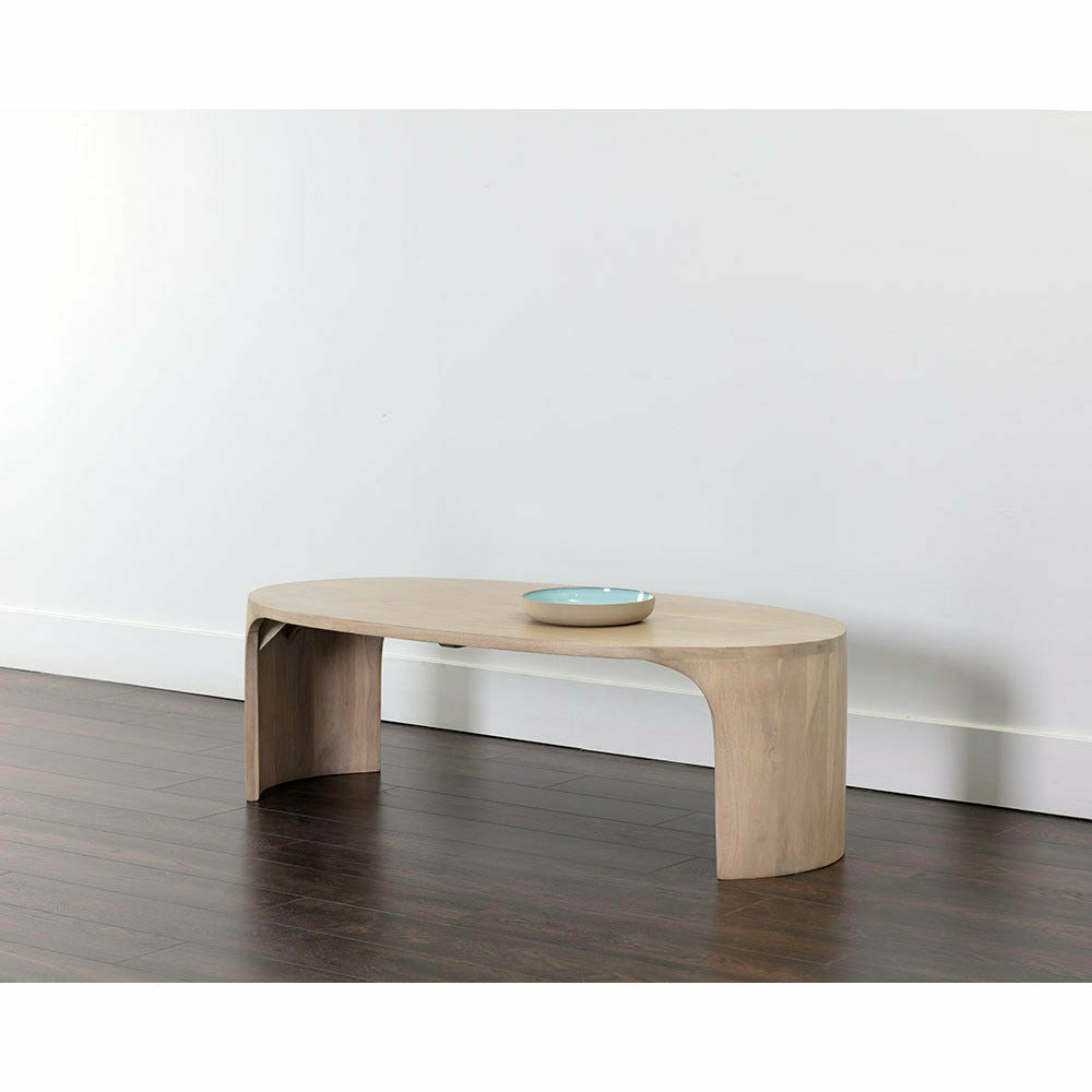 Table basse ovale en bois d'acacia massif de style moderne du milieu du siècle avec pieds courbés pour salon