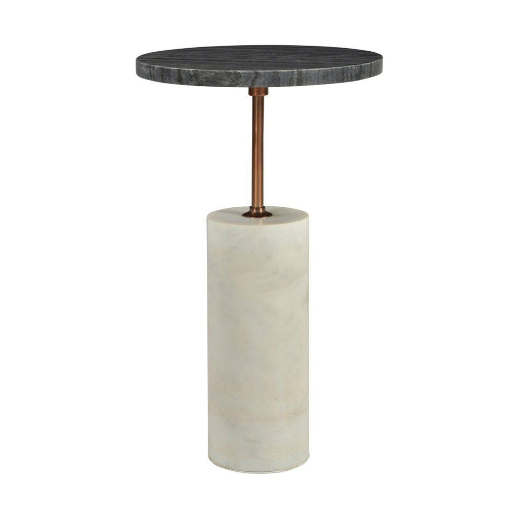 Table d'appoint moderne en marbre et laiton avec plateau gris et piédestal cylindrique blanc pour salon