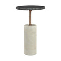 Table d'appoint moderne en marbre et laiton avec plateau gris et piédestal cylindrique blanc pour salon