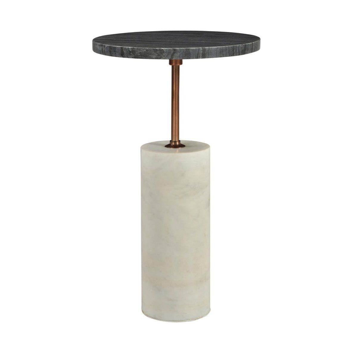 Table d'appoint moderne en marbre et laiton avec plateau gris et piédestal cylindrique blanc pour salon