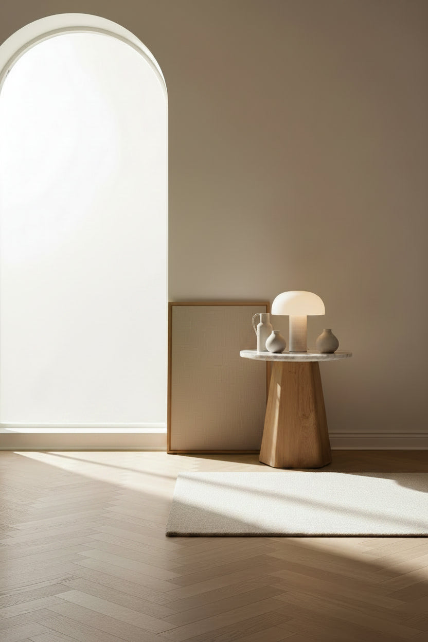 Table d'appoint contemporaine en marbre et chêne avec base pentagonale organique pour le salon