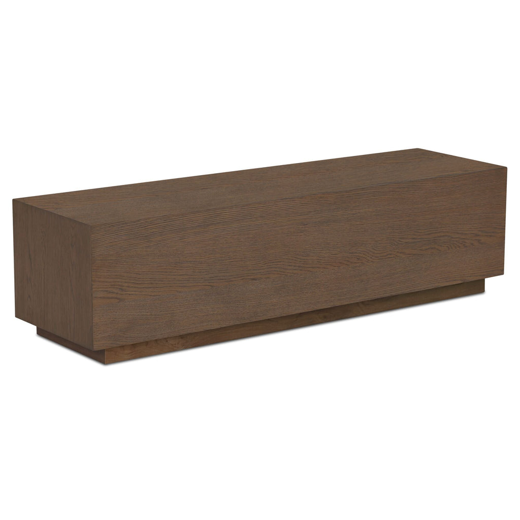 Table basse minimaliste en chêne avec plateau rectangulaire étroit et base en retrait pour salon