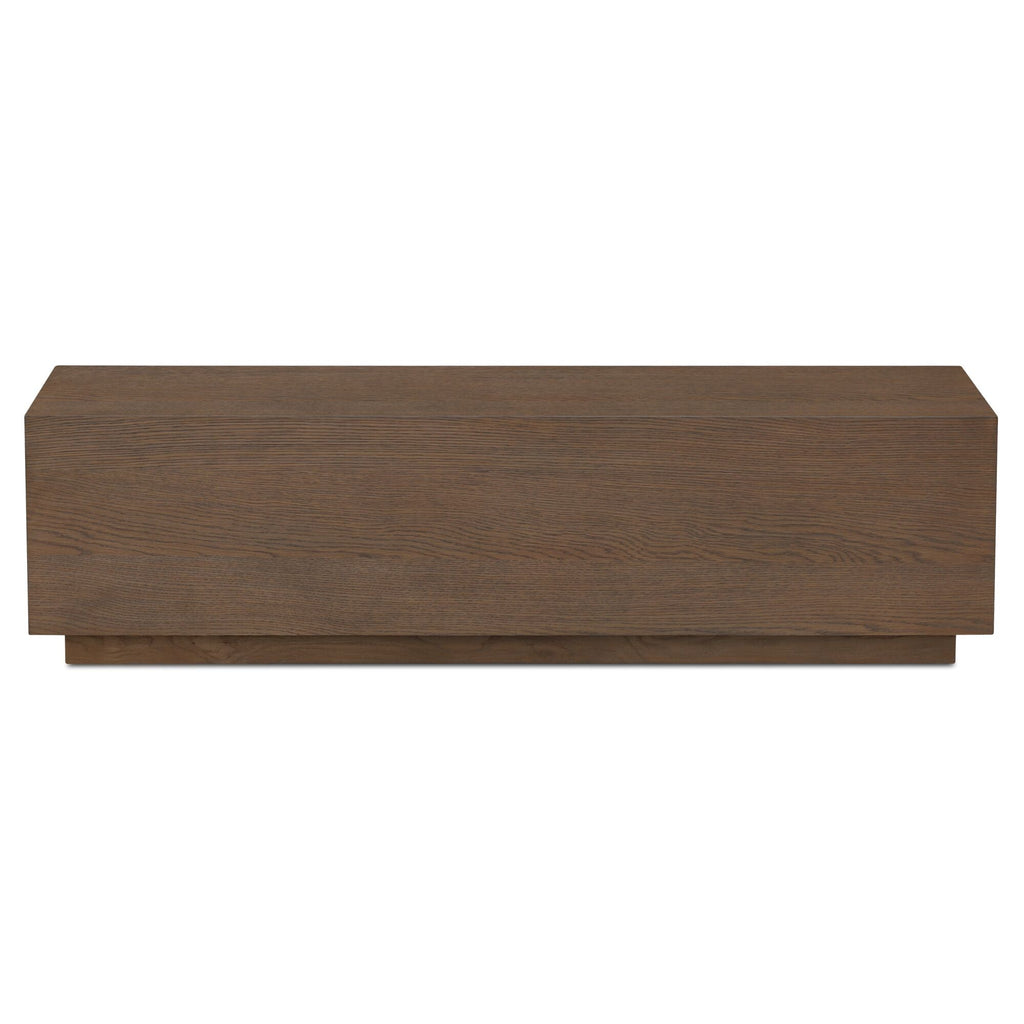 Table basse minimaliste en chêne avec plateau rectangulaire étroit et base en retrait pour salon