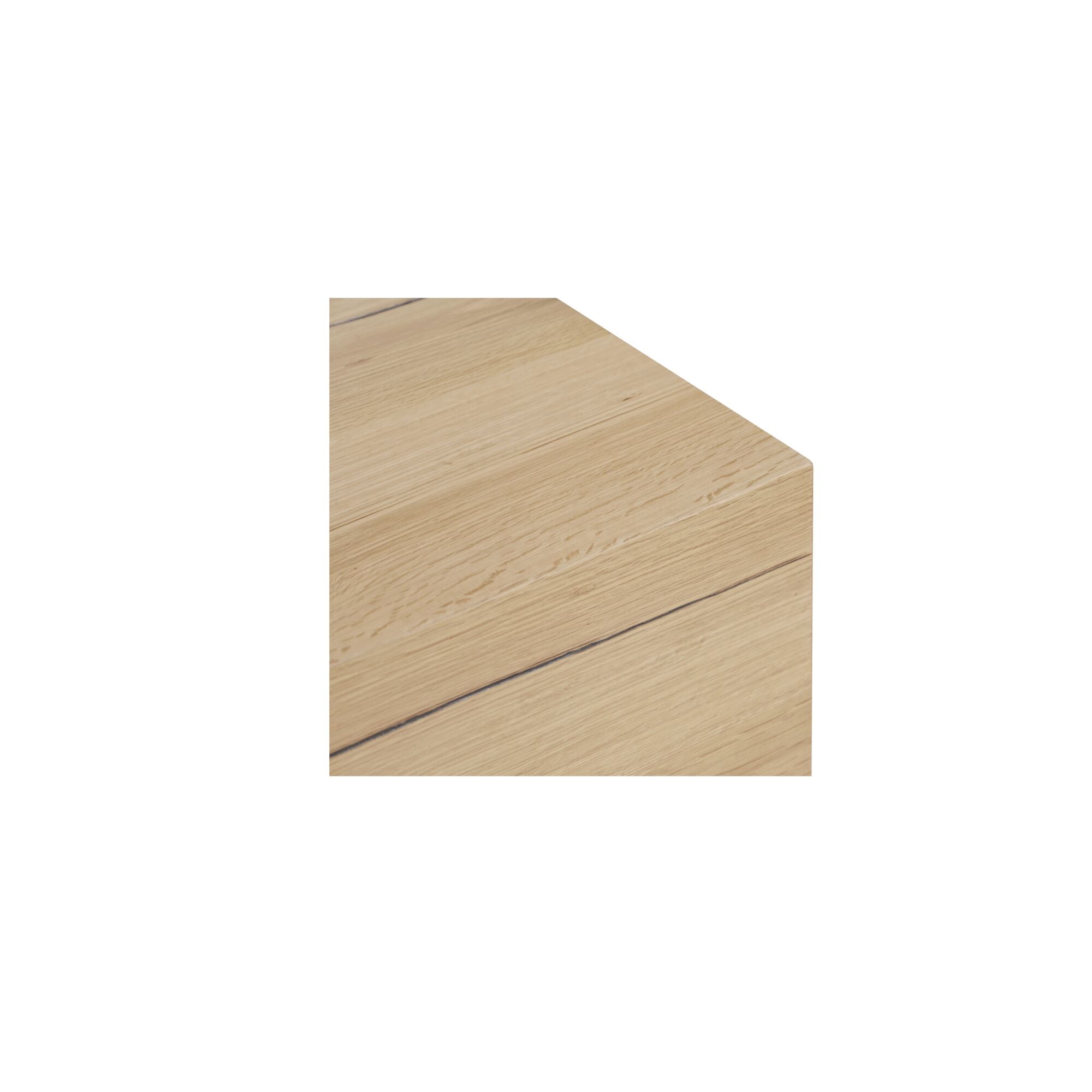 Table basse minimaliste en chêne avec plateau rectangulaire étroit et base en retrait pour salon