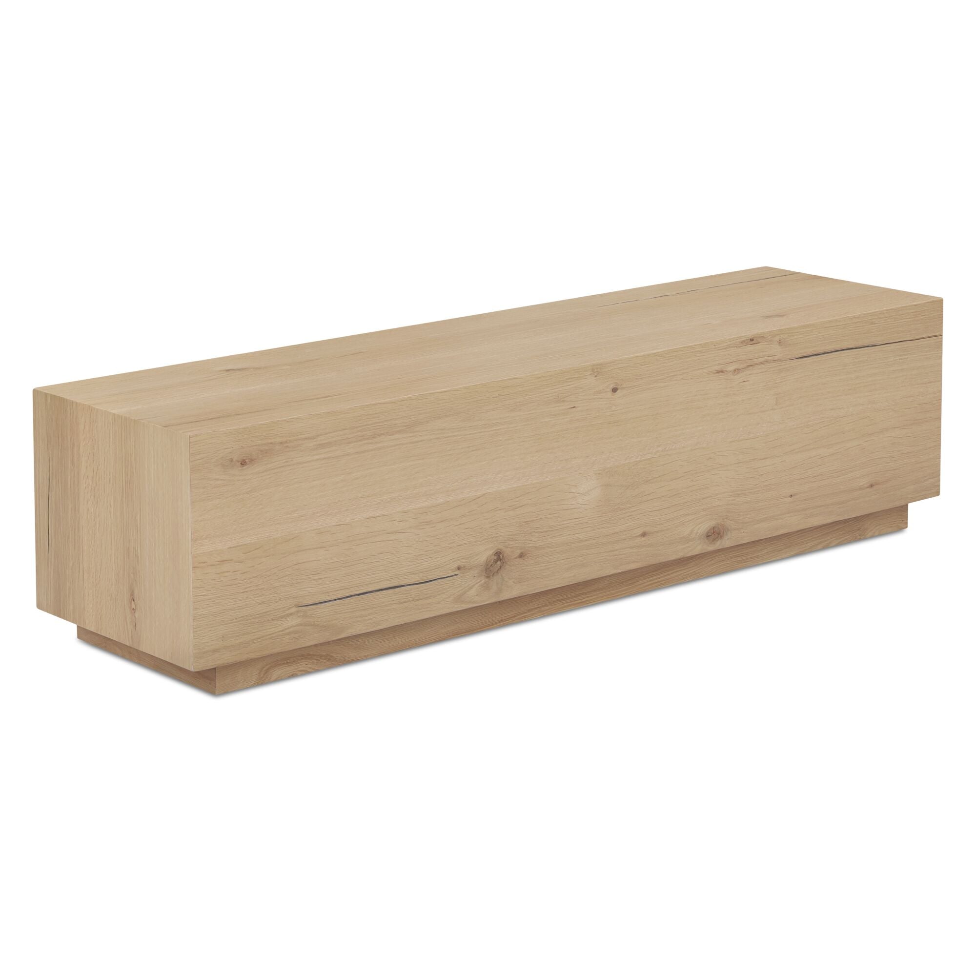 Table basse minimaliste en chêne avec plateau rectangulaire étroit et base en retrait pour salon