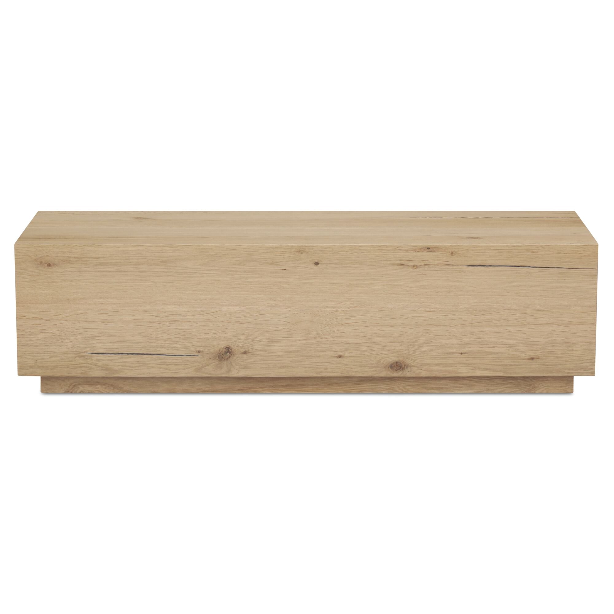 Table basse minimaliste en chêne avec plateau rectangulaire étroit et base en retrait pour salon