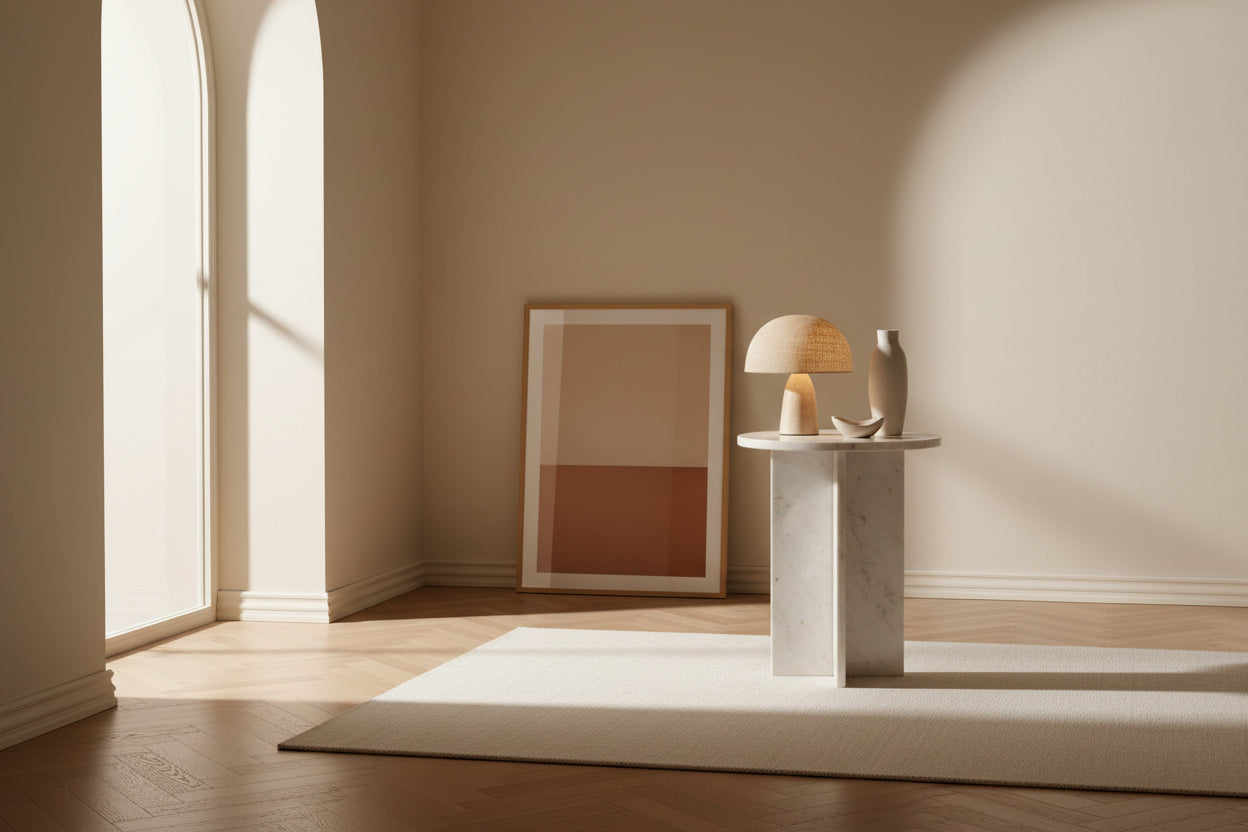 Table d'appoint contemporaine en marbre massif avec plateau rond et base sculpturale audacieuse pour le salon