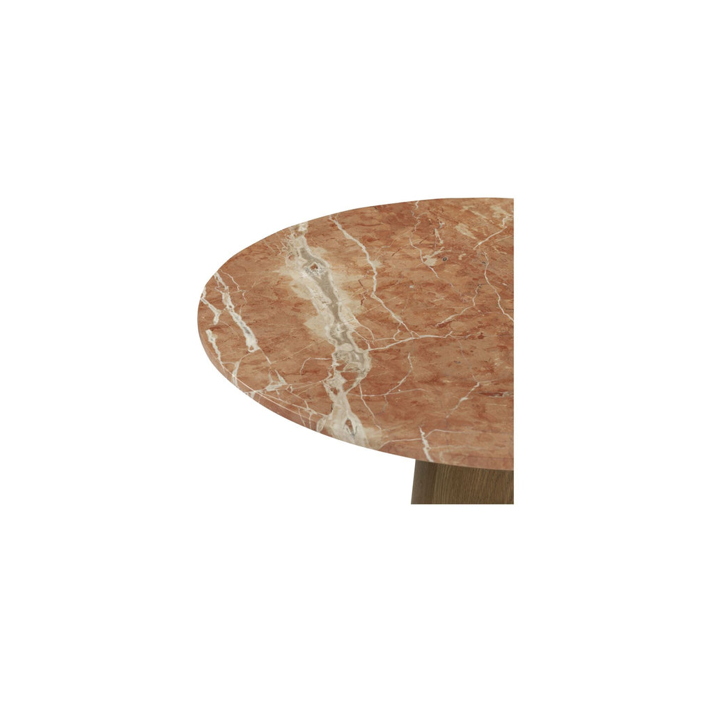 Table basse moderne en marbre et chêne avec plateau rond veiné et piètement sculpté pour salon