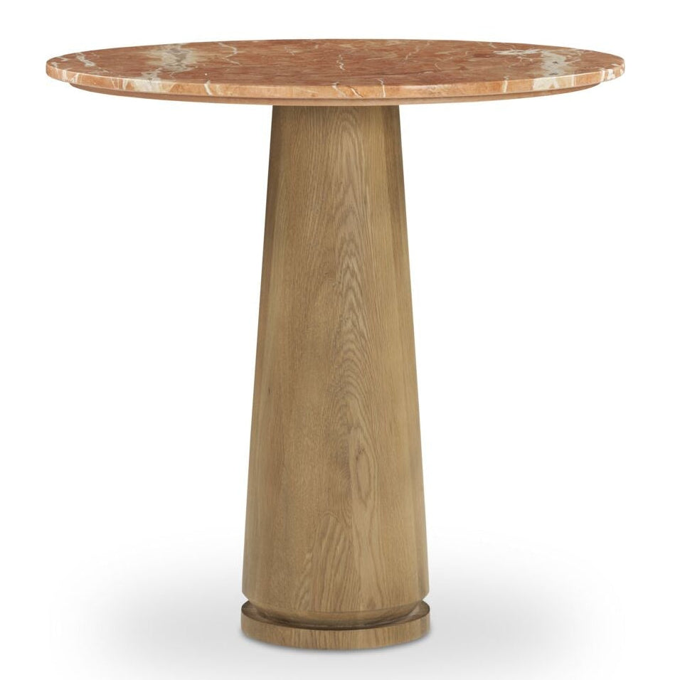 Table basse moderne en marbre et chêne avec plateau rond veiné et piètement sculpté pour salon