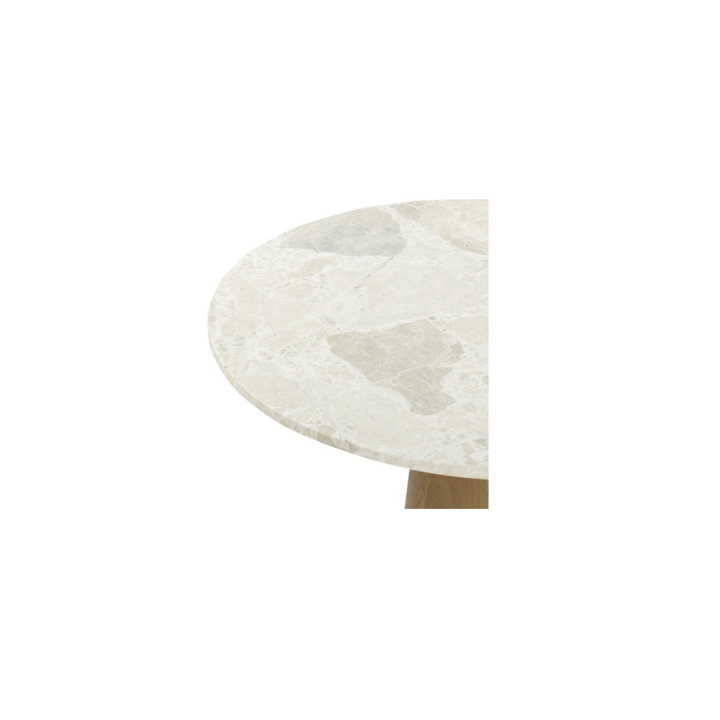 Table basse moderne en marbre et chêne avec plateau rond veiné et piètement sculpté pour salon