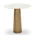 Table basse moderne en marbre et chêne avec plateau rond veiné et piètement sculpté pour salon