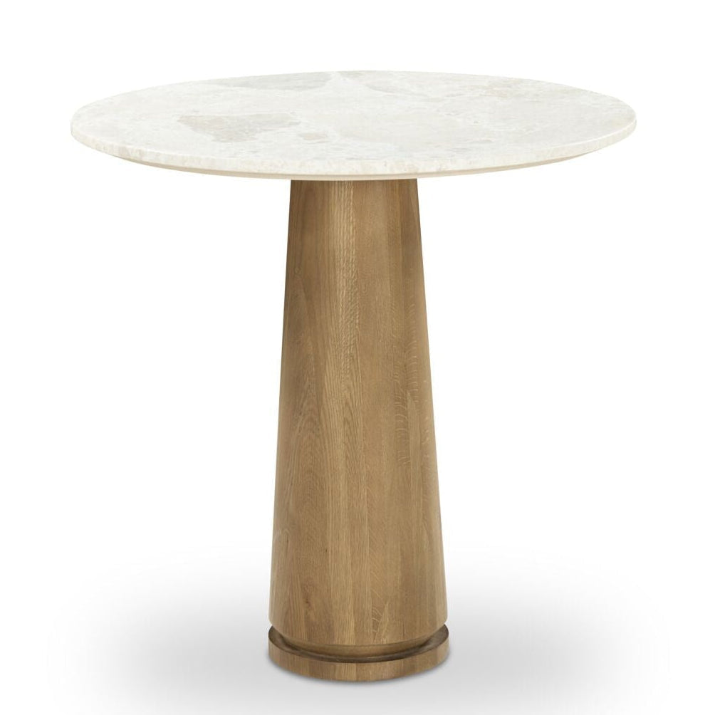 Table basse moderne en marbre et chêne avec plateau rond veiné et piètement sculpté pour salon