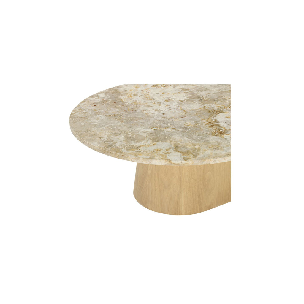 Table basse contemporaine en marbre et chêne avec plateau ovale en forme de capsule et pied évasé pour le salon
